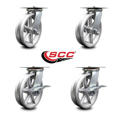 Service Caster 8 Inch V Groove Semi Steel Swivel Caster Set with Ball Bearings 2 Brakes SCC SCC-35S820-VGB-2-SLB-2